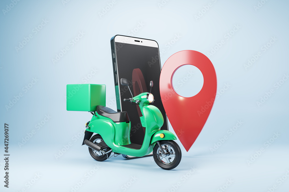 Poster Abstract smartphone, scooter and location mark on light background. Delivery service and transportation concept. 3D Rendering.
