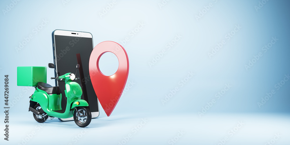 Aufkleber Abstract smartphone, scooter and location mark on light background with mockup place. Delivery service and transportation concept. 3D Rendering.