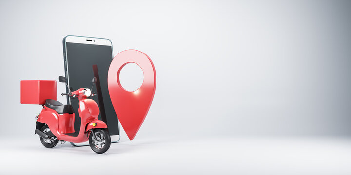 Fast delivery package concept with red scooter with trunk, pin point, and smartphone on blank light wallpaper with copyspace. 3D rendering, mock up