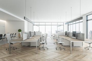 Side view on modern light eco style open space office with minimalistic work places, wooden floor and tabletops and city view from big windows