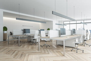 Modern white wooden coworking meeting room interior with daylight, furniture and equipment. Design concept. 3D Rendering.
