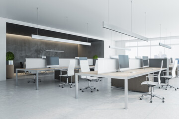 Bright coworking meeting room interior with daylight, furniture and equipment. Design concept. 3D Rendering.