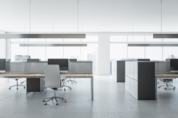 White coworking conference room interior with city view, daylight, furniture and equipment. Design concept. 3D Rendering.