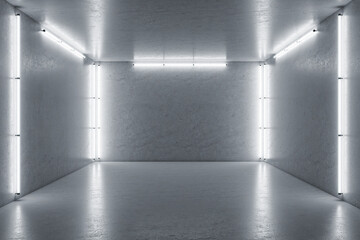Futuristic style stage with blank wall, concrete floor and neon lights at the junction of the walls. 3D rendering, mock up