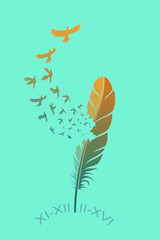 Broken feather and bird tattoo design illustration vector