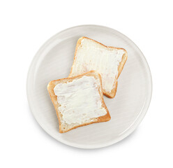 Delicious toasts with butter on white background, top view