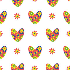 Seamless colorful love heart vector pattern in boho style. Bright floral hearts and flowers on white backdrop. Simple folk art botanical geometric repeat. For cottage decor, giftwrap, packaging