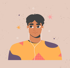 Man listening to music, podcast, audio book, radio in earphones. Young male person in headphones. Man face, portrait. Audiobook, podcasting concept. Trendy isolated flat vector illustration