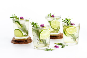 Obraz na płótnie Canvas Homemade herbal soda drink with lemon slices and herbs