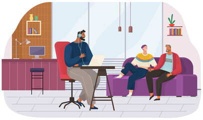 Making live talk show. Radio host interviewing people. Recording podcast with guests. Broadcasting live, recording interview in studio. Communication with journalists during podcast. Radio or TV show