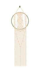 Diy macrame wall hanging. Boho knitting decoration, made of cotton cord. Flat style, hand drawn vector illustration, isolated on white background