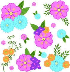 A set of colorful bright flowers and plants. Suitable for decorating postcards, logos, invitations, business cards. Vector illustration.