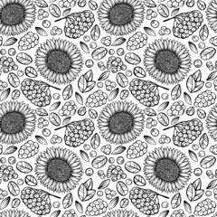 Hand-drawn black and white seamless pattern with rowan berries, autumn leaves and sunflowers. Can be used for gift paper, textile, autumn greeting cards, wallpaper, pattern fill