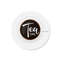 Tea time text. Cup with calligraphy lettering. Vector minimalist image. Logo for tea company, cafe or restaurant advertising, tea party card design, home decor, Template of banner or poster