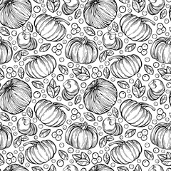 Hand-drawn black and white seamless pattern with berries, leaves and pumpkins. Can be used for gift paper, textile, autumn greeting cards, wallpaper, pattern fill