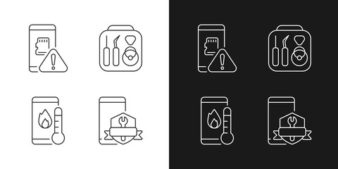 Cellphone recovery related linear icons set for dark and light mode. Memory card issue. Overheated phone. Customizable thin line symbols. Isolated vector outline illustrations. Editable stroke