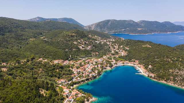 Aerial view of the port of the Kioni village in Ithaca during the pandemic summer of 2020
