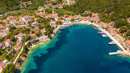 Fototapeta premium Aerial view of the port of the Kioni village in Ithaca during the pandemic summer of 2020