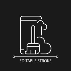 Fototapeta premium Dust and dirt inside the phone white linear icon for dark theme. Smartphone and broom. Remove dust. Thin line customizable illustration. Isolated vector contour symbol for night mode. Editable stroke