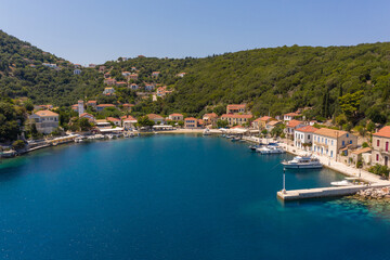 Fototapeta na wymiar Aerial view of the port of the Kioni village in Ithaca during the pandemic summer of 2020