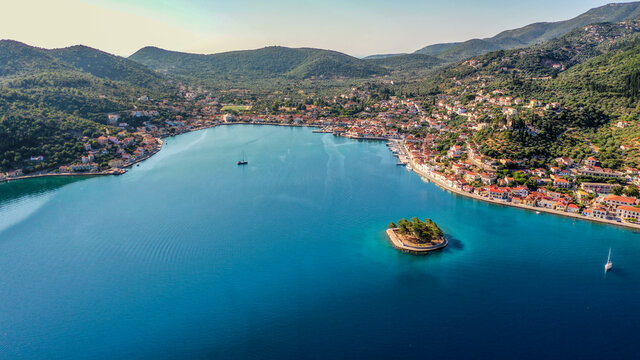 Aerial view of the capital town of Vathy in Ithaca the port and Lazareto island
