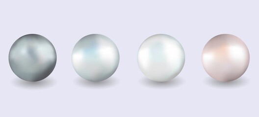 Realistic 3D pearls.
A set of rounded pearlescent, shiny jewelry. Isolated objects with shadow. Round glossy gemstones with a glare.
 Vector illustration.