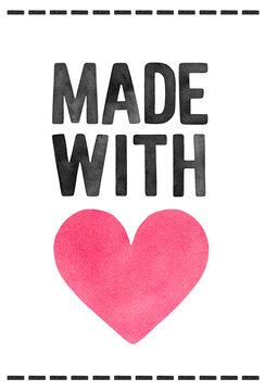 Watercolour illustration of "Made with Love" label, decorated with pastel pink love heart. Hand painted water color drawing on white background, cut out element for printing and products decoration.