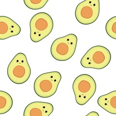 avocado seamless pattern, funny kawaii character smiling, green fruit on a white background