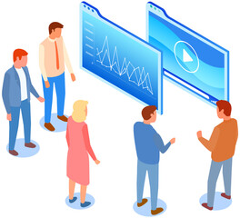 Visualize with business analytics. People work with statistical data analysis, changing indicators. Employees analyze statistical indicators, business data. Characters work with marketing research