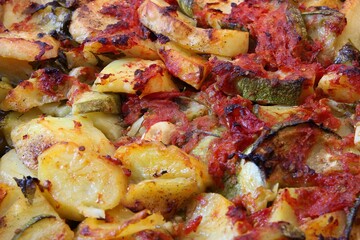 Briam is a Greek traditional dish consisting of roasted mixed vegetables such as potatoes and zucchini in a tomato sauce. Closeup, shallow depth of field