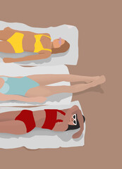 Illustration of three women in different bikinis lying on the sand of the beach while they sunbathe. Concept for summer 2021.