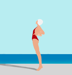 Illustration of a white woman wearing a red bikini and a white bathing cap while she is standing stretching. Summer 2021 concept.
