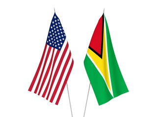 National fabric flags of America and Co-operative Republic of Guyana isolated on white background. 3d rendering illustration.