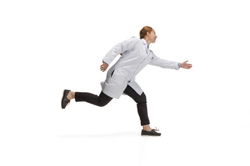 Fototapeta na wymiar Portrait of running doctor, therapeutic or medical advisor in action and motion isolated on white background. Concept of healthcare, care, medicine and humor