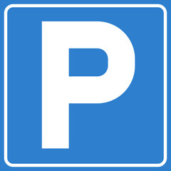 Parking sign vector illustration icon. White letter P on blue background representing parking for cars