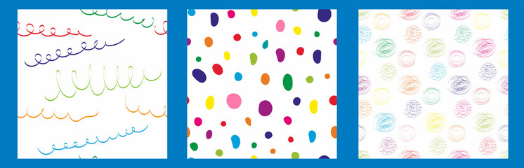 Set of 3 abstract hand drawn geometric  minimalistic seamless pattern on white background. Multicolored polka dot, tape, circle texture. Vector illustration © Pular