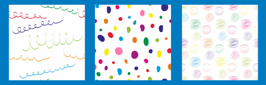 Fototapeta Set of 3 abstract hand drawn geometric  minimalistic seamless pattern on white background. Multicolored polka dot, tape, circle texture. Vector illustration