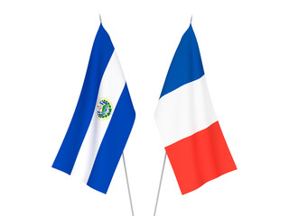 National fabric flags of France and Republic of El Salvador isolated on white background. 3d rendering illustration.