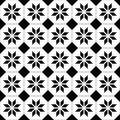 Seamless vector repeat pattern. Black and white geometric tiles. Diamond flower and diamond design. Architectural swatch or surface ideal for kitchen or bathroom.