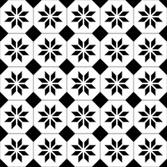 Seamless vector repeat pattern. Black and white geometric tiles. Diamond flower and diamond design. Architectural swatch or surface ideal for kitchen or bathroom.