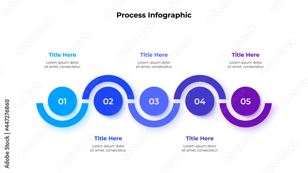 Poster Five circles arranged in a row. Concept of 5 steps of business development process. Abstract infographic presentation