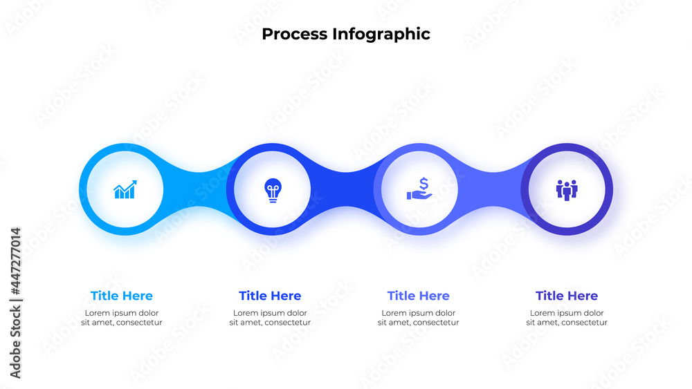 Poster metaball infographic elements. four circles placed in horizontal row. concept of 4 steps of business