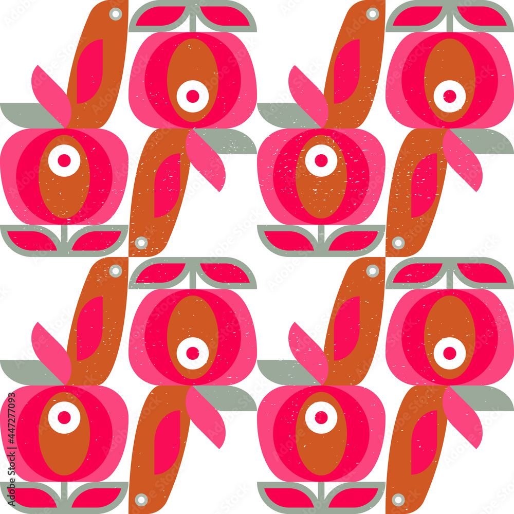 Poster Abstract geometric retro inspired vector seamless pattern.Stylized bird, leaves and flowers in pastel colors. Simple background in traditional decorative folk art scandinavian style.Isolated texture