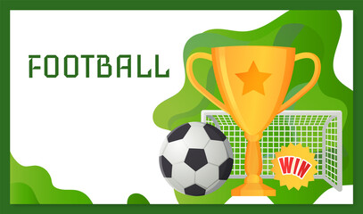 Gold cup near football ball poster of sport game competition, championship cup banner template. Football stadium, prize medal on ribbon with soccer ball and banner with sporting event announcement