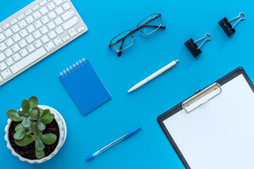 Office desk table with computer keyboard. Top view