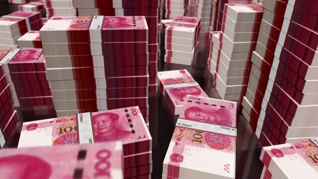 Taiwan Dollar and Chinese Yuan Renminbi money notes pack loop. Concept of economy, power, conflict, crisis and finance. 3D flight over TWD and RMB banknotes loopable seamless animation.