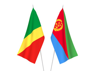 National fabric flags of Eritrea and Republic of the Congo isolated on white background. 3d rendering illustration.