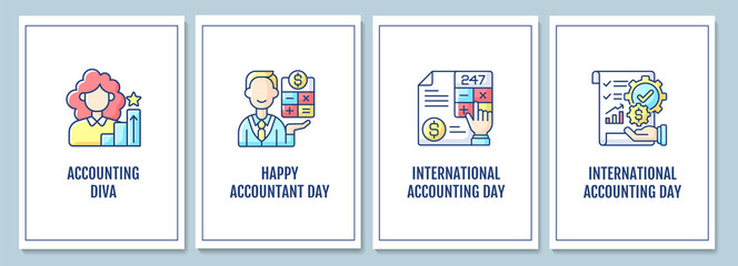 Accounting profession promotion greeting cards with color icon element set. Global holiday. Postcard vector design. Decorative flyer with creative illustration. Notecard with congratulatory message