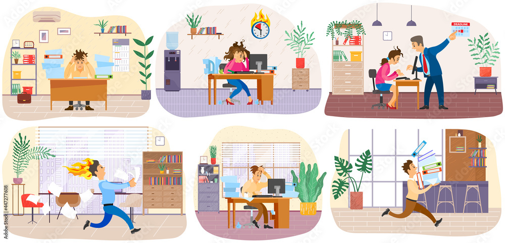 Poster set of illustrations about office workers hurrying up with assignments. stressed employees working. 