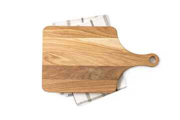 Isolated cutting board and napkin on white background.